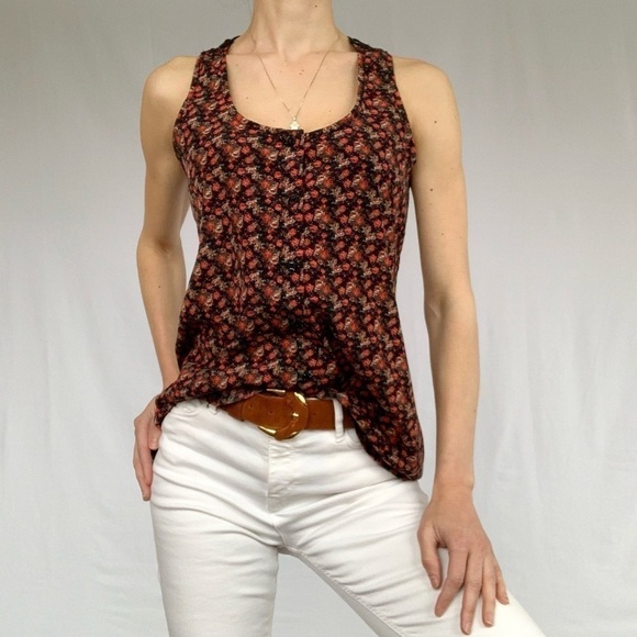 Limité floral roses criss cross back tank top fits S black and red woman - Picture 12 of 16